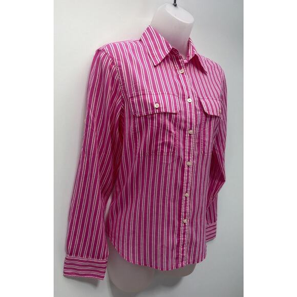 Lauren Ralph Lauren Shirt Womens Pink White Stripe Button Up Roll Tab Sleeves S - Picture 2 of 6